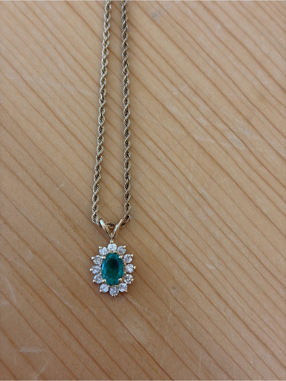 Vintage 14k Gold Emerald with Diamond Halo Pendant Necklace 16 inch
